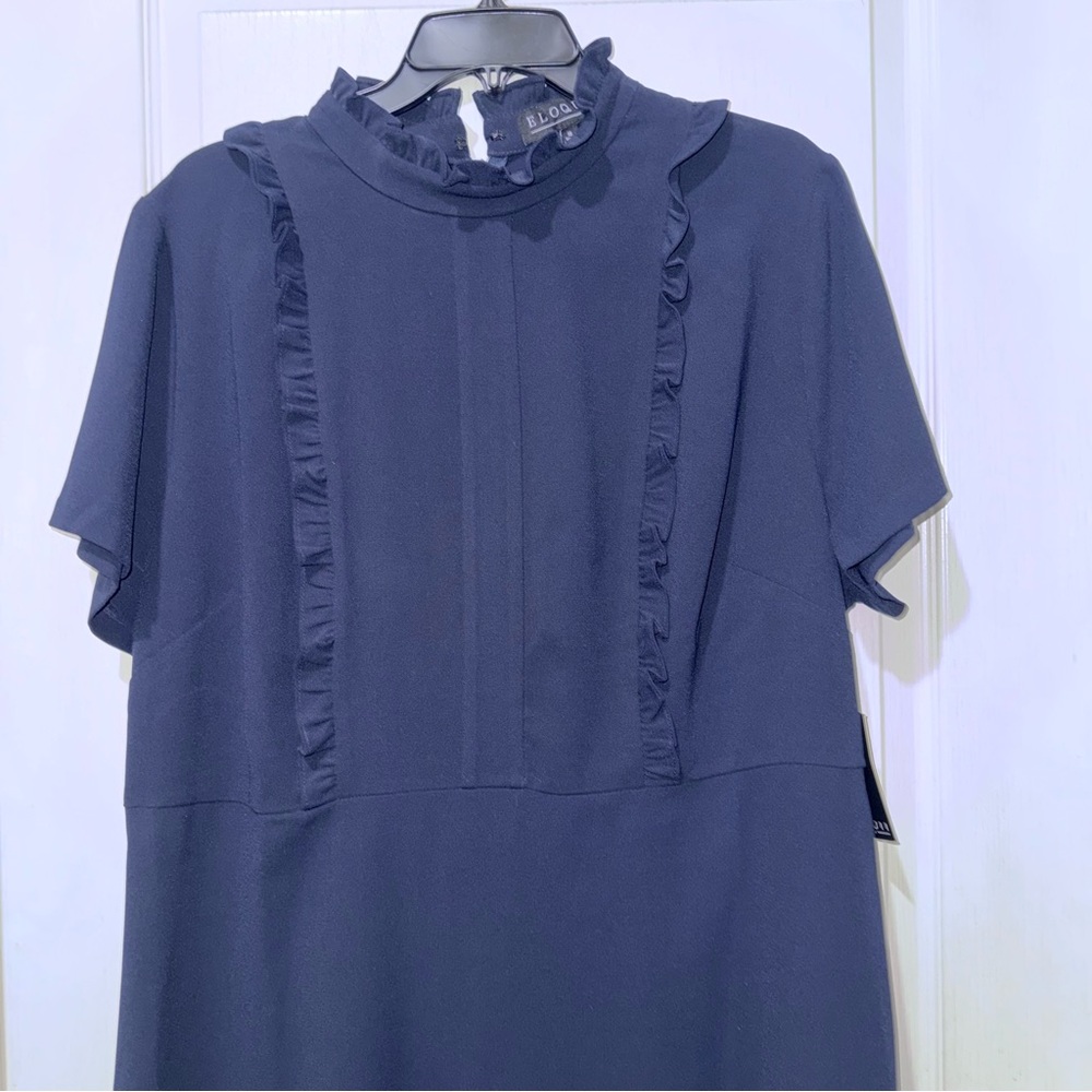 NWT ELOQUII Ruffle Front Soft Shirt Dress 18 Navy Blue Feminine classic - Picture 3 of 13